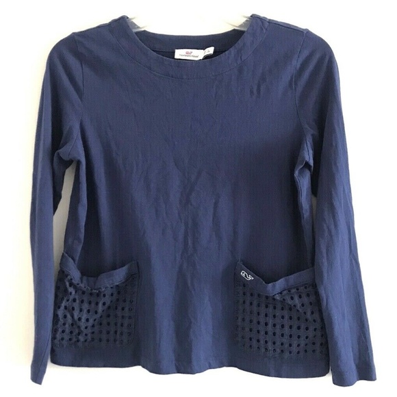 Vineyard Vines | Pullover Top Eyelet Kids Sz L - 14 Blue Front Pockets Crewneck - Picture 1 of 6